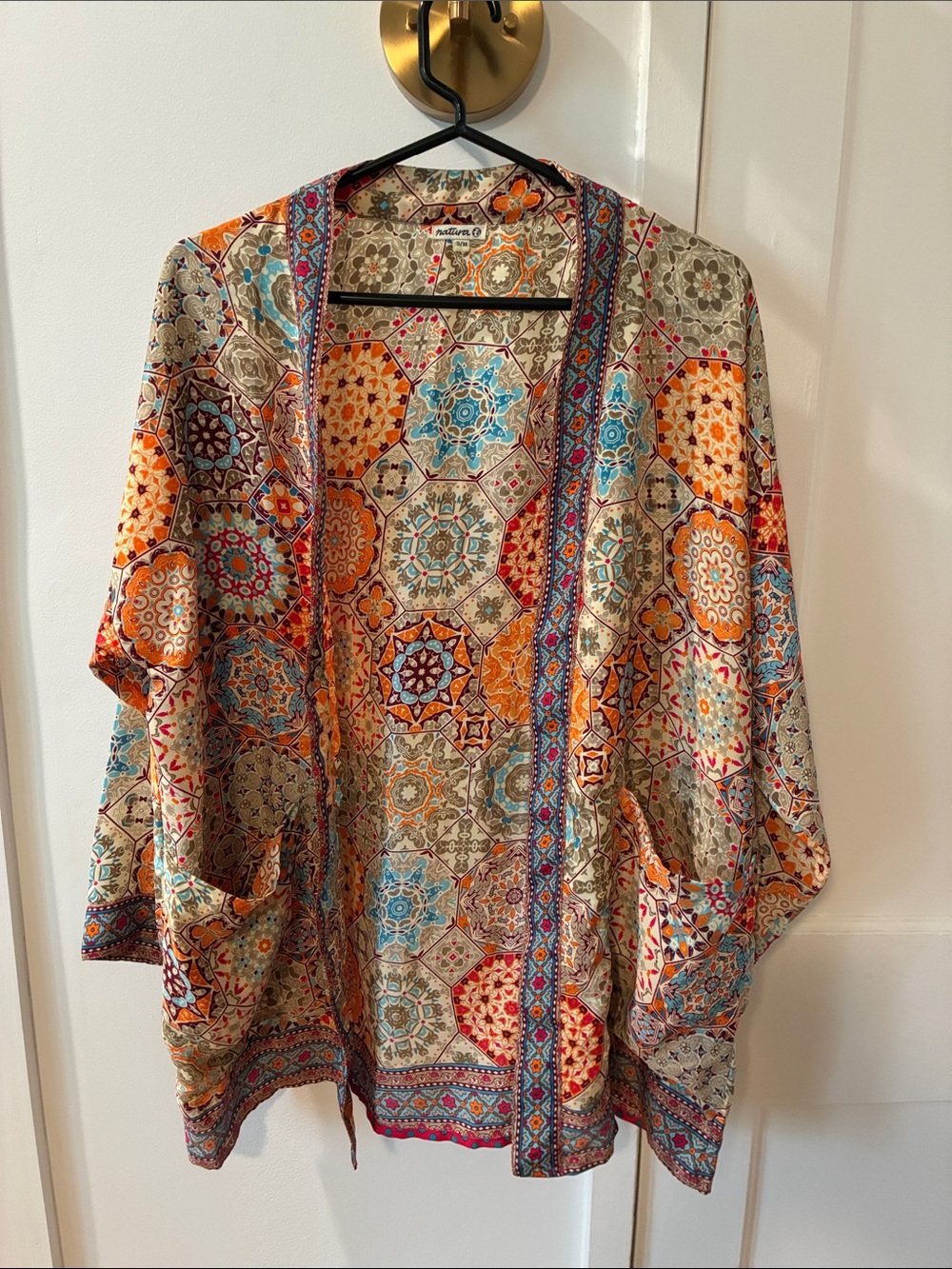 Open-Front Mosaic Print Kimono Jacket in Orange & Blue